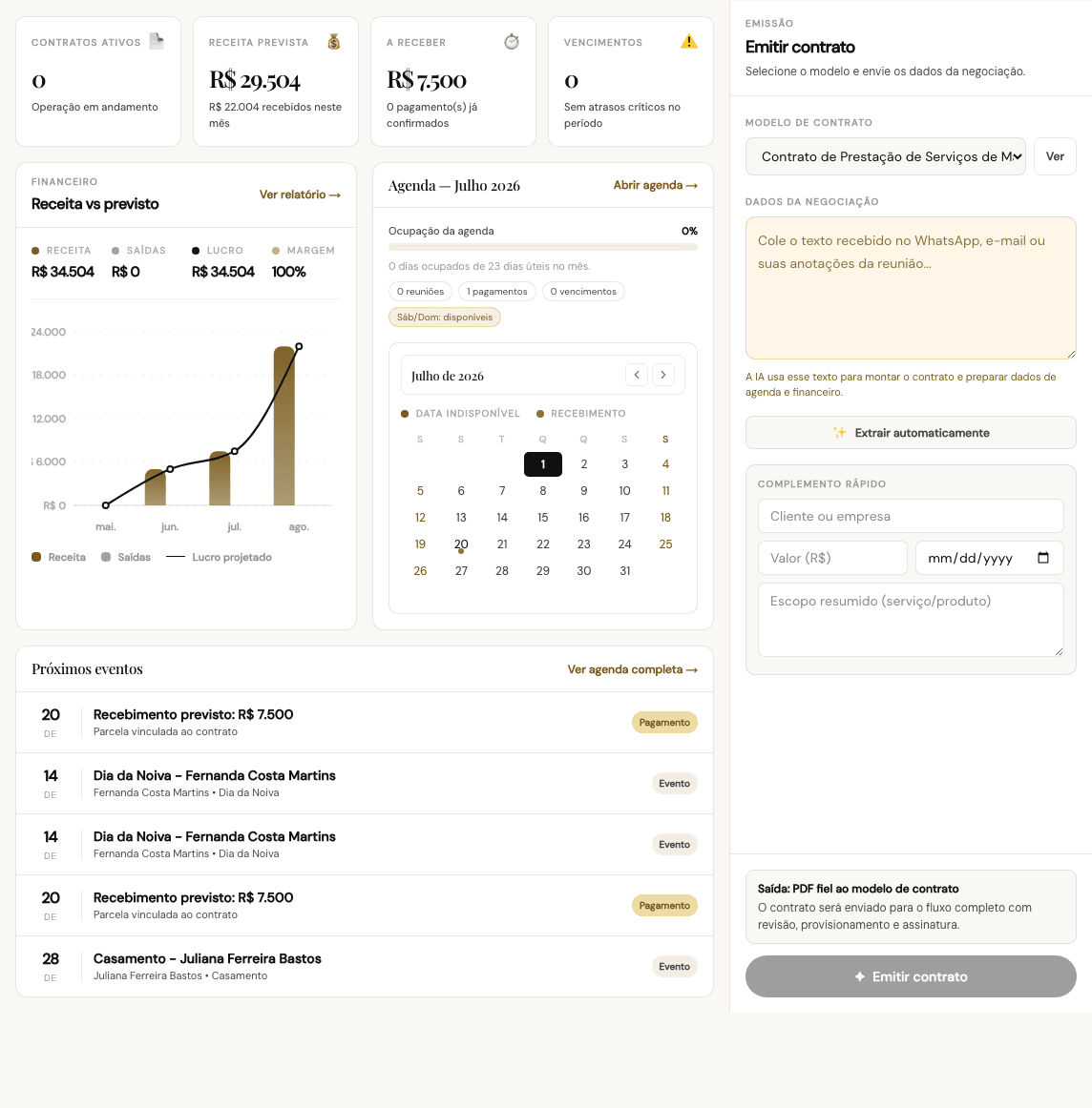 Tela real do dashboard Serafy com agenda, financeiro, contratos e emissão de contrato